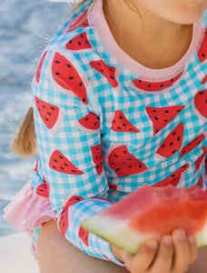 Rufflebutts Long Sleeve Watermelon Gingham Rash Guard Bikini
