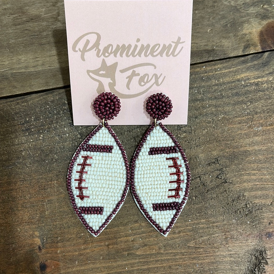 Off White & Garnet Beaded Football Earrings