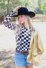 Load image into Gallery viewer, Queen Me Black Checkers Long Sleeve Mesh Top