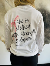 Load image into Gallery viewer, Proverbs 31 Pink Bow Long sleeve white tee