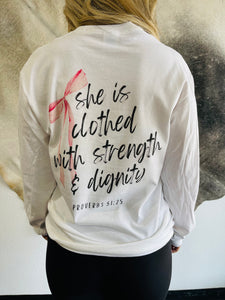 Proverbs 31 Pink Bow Long sleeve white tee