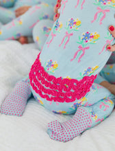 Load image into Gallery viewer, Baby Girl Bows And Bouquets Bamboo Footed Ruffle One Piece Pajamas.