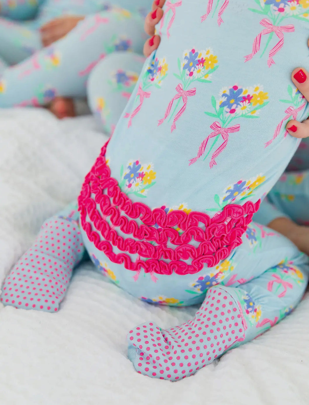 Baby Girl Bows And Bouquets Bamboo Footed Ruffle One Piece Pajamas.