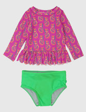 Load image into Gallery viewer, Rufflebutts Girls Neon Violet Pineapples Scalloped
Long Sleeve Rash Guard 2-Piece