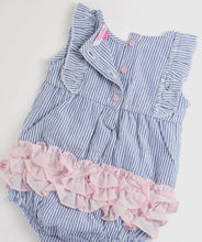 Load image into Gallery viewer, Rufflebutts Baby Girls Blue Seersucker Classic Ruffle Bubble Romper