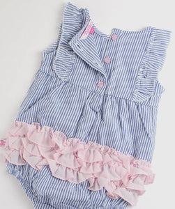 Rufflebutts Baby Girls Blue Seersucker Classic Ruffle Bubble Romper