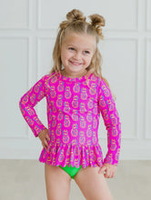 Load image into Gallery viewer, Rufflebutts Girls Neon Violet Pineapples Scalloped
Long Sleeve Rash Guard 2-Piece