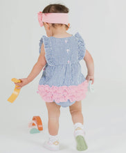 Load image into Gallery viewer, Rufflebutts Baby Girls Blue Seersucker Classic Ruffle Bubble Romper