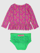 Load image into Gallery viewer, Rufflebutts Girls Neon Violet Pineapples Scalloped
Long Sleeve Rash Guard 2-Piece