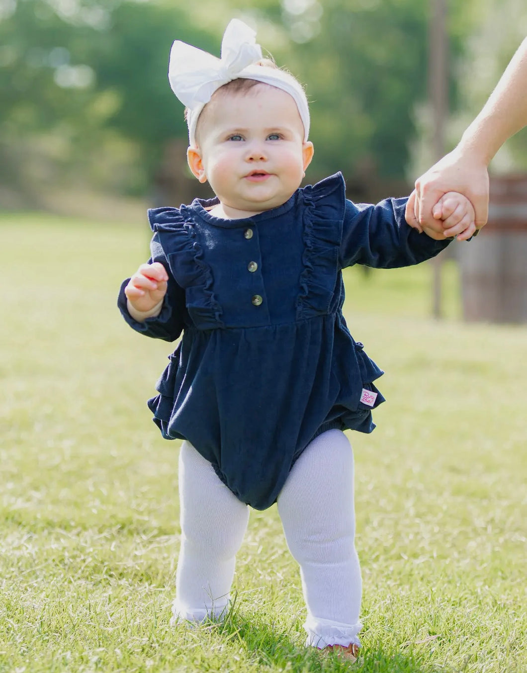 Baby Girls Navy Stretch Corduroy Ruffle Butt Romper