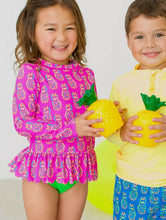 Load image into Gallery viewer, Rufflebutts Girls Neon Violet Pineapples Scalloped
Long Sleeve Rash Guard 2-Piece