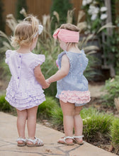 Load image into Gallery viewer, Rufflebutts Baby Girls Blue Seersucker Classic Ruffle Bubble Romper