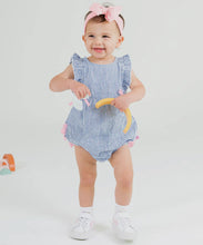 Load image into Gallery viewer, Rufflebutts Baby Girls Blue Seersucker Classic Ruffle Bubble Romper