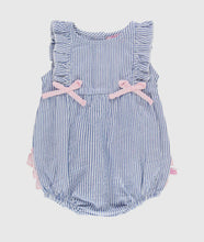 Load image into Gallery viewer, Rufflebutts Baby Girls Blue Seersucker Classic Ruffle Bubble Romper