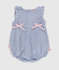 Rufflebutts Baby Girls Blue Seersucker Classic Ruffle Bubble Romper