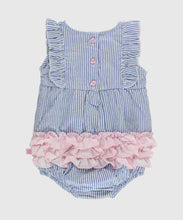 Load image into Gallery viewer, Rufflebutts Baby Girls Blue Seersucker Classic Ruffle Bubble Romper