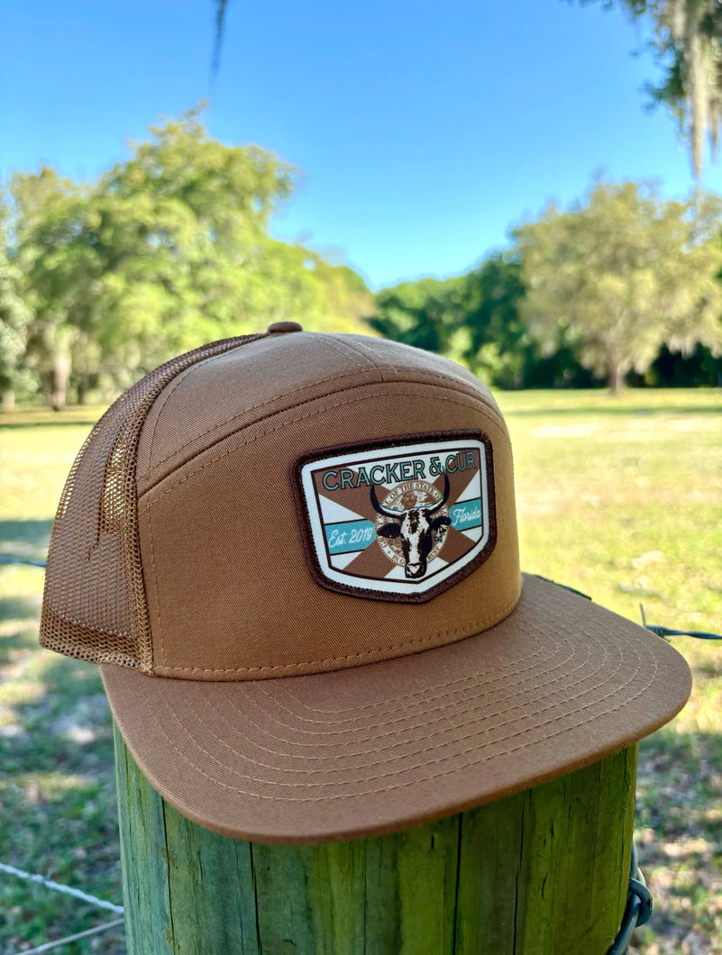 Cracker and Cur Florida Cattle Patch Hat - Caramel 7 Panel Flat