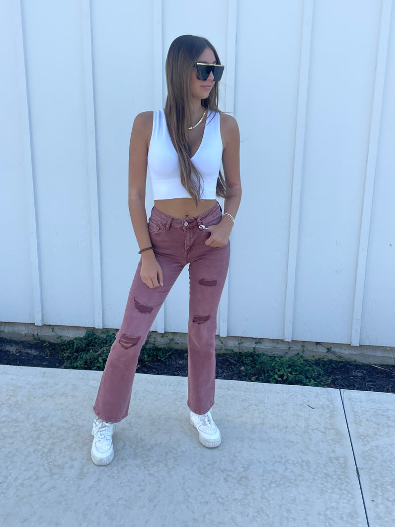 Make Your Point Distressed Mauve High Rise Cropped Denim