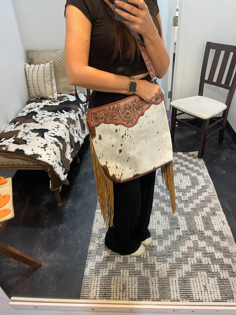 Myra Cowhide Embossed Fringe Leather Handbag