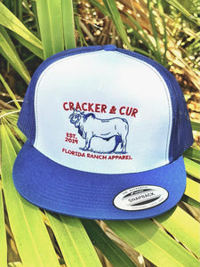Cracker and Cur Brahma Bull Hat - White/Blue Flatbill