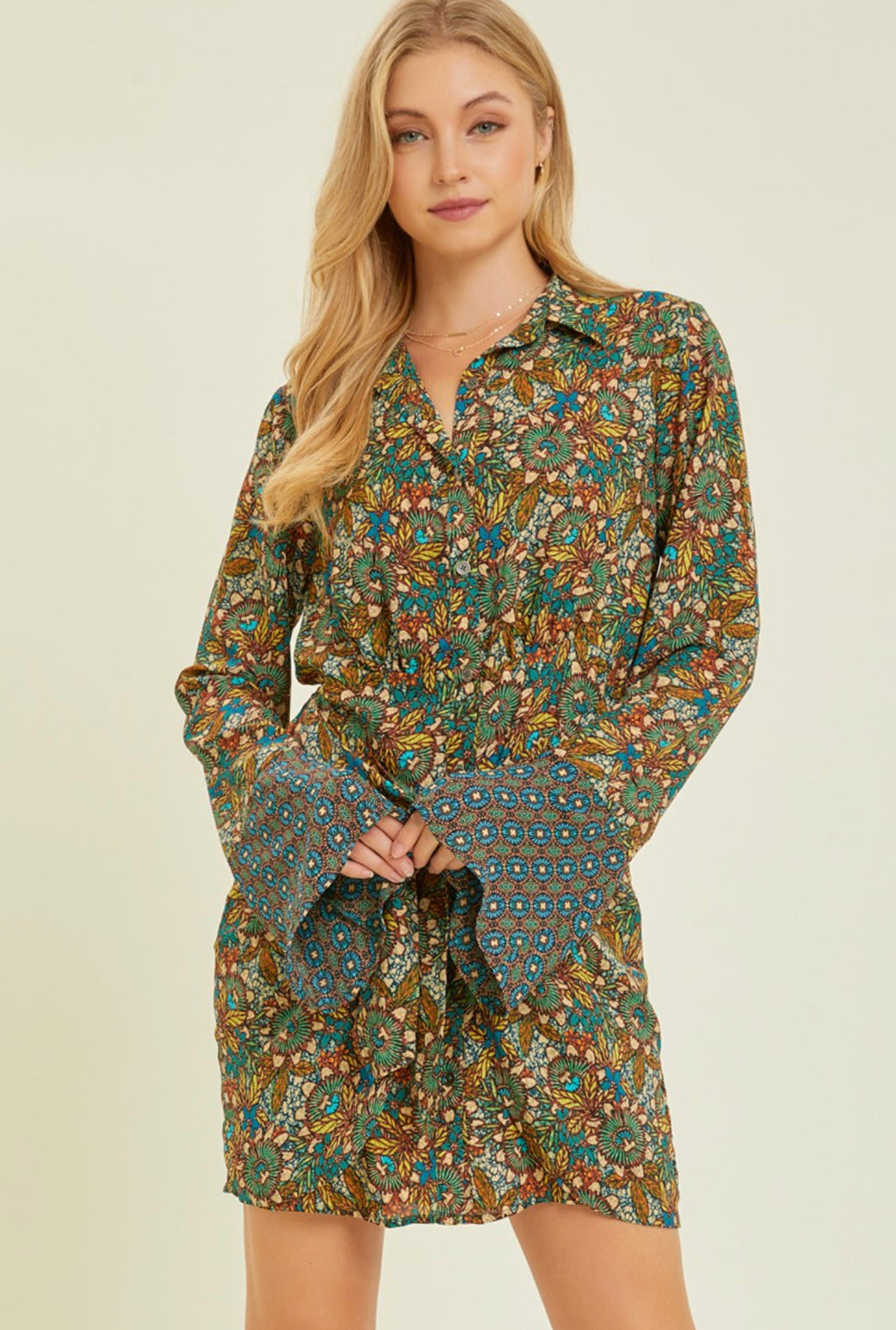 Autumn Blossom Button Down Dress With Knot Detail
