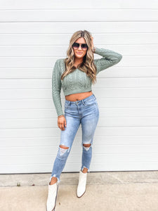 What’s Your Story Sage Green Cable Knit Cropped Sweater Top