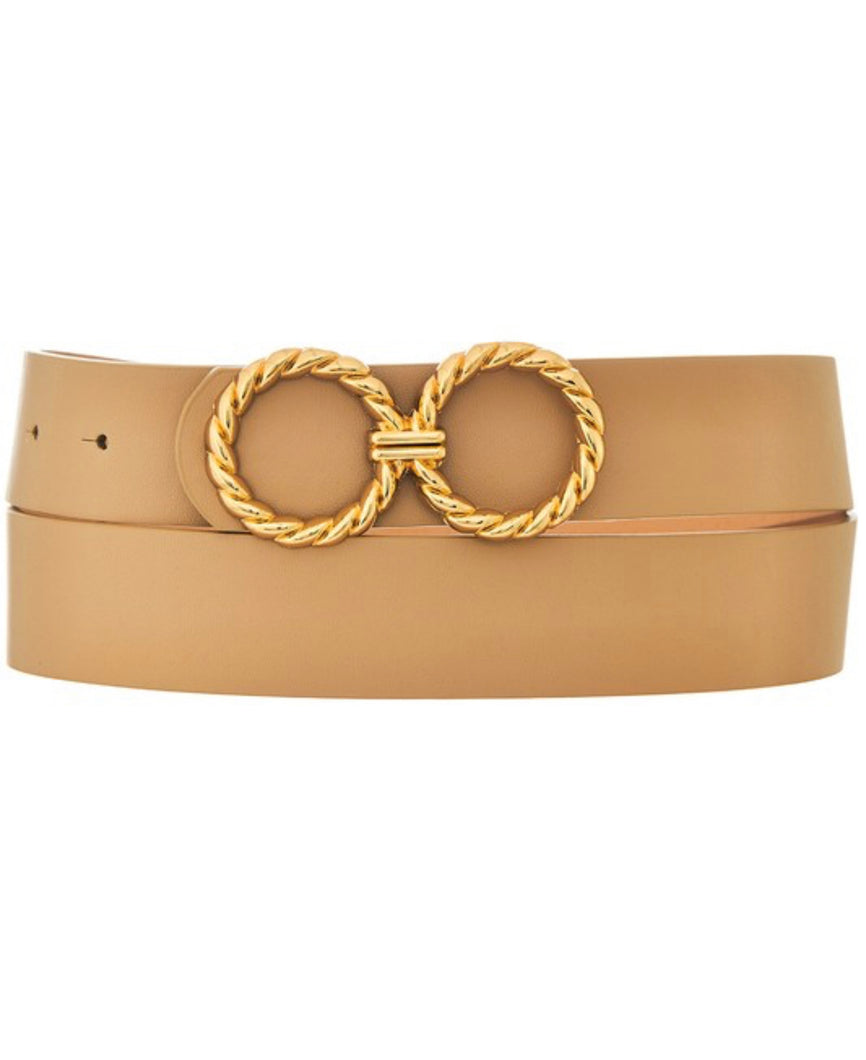 Roped Gold Circle Buckle Belt- Taupe