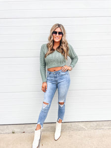What’s Your Story Sage Green Cable Knit Cropped Sweater Top