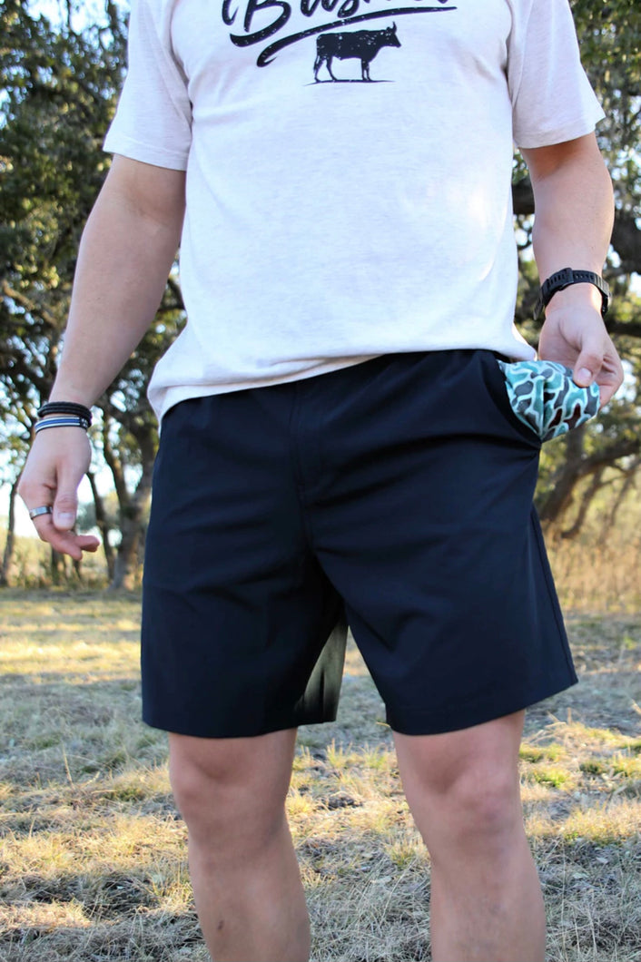 Men’s Burlebo Matte Black Camo Pockets Performance Shorts